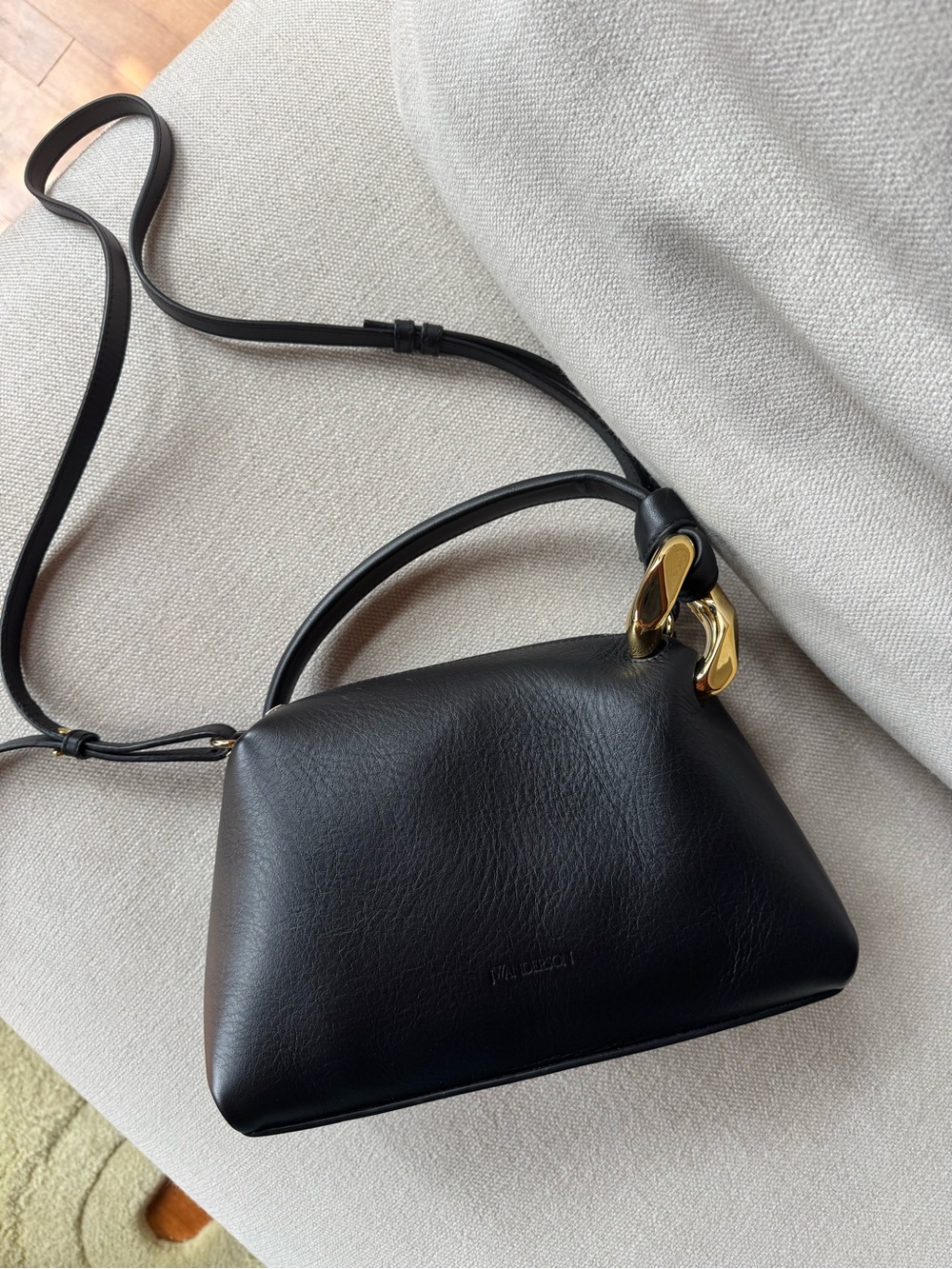 JW ANDERSON Black Leather Top-Handle Crossbody with Gold Hardware